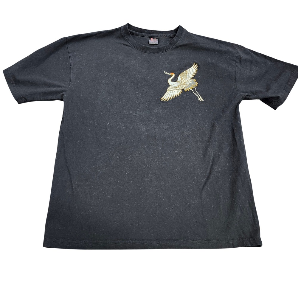 Japanese Traditional Style Crane Great Wave Embroidered Black T-Shirt Large